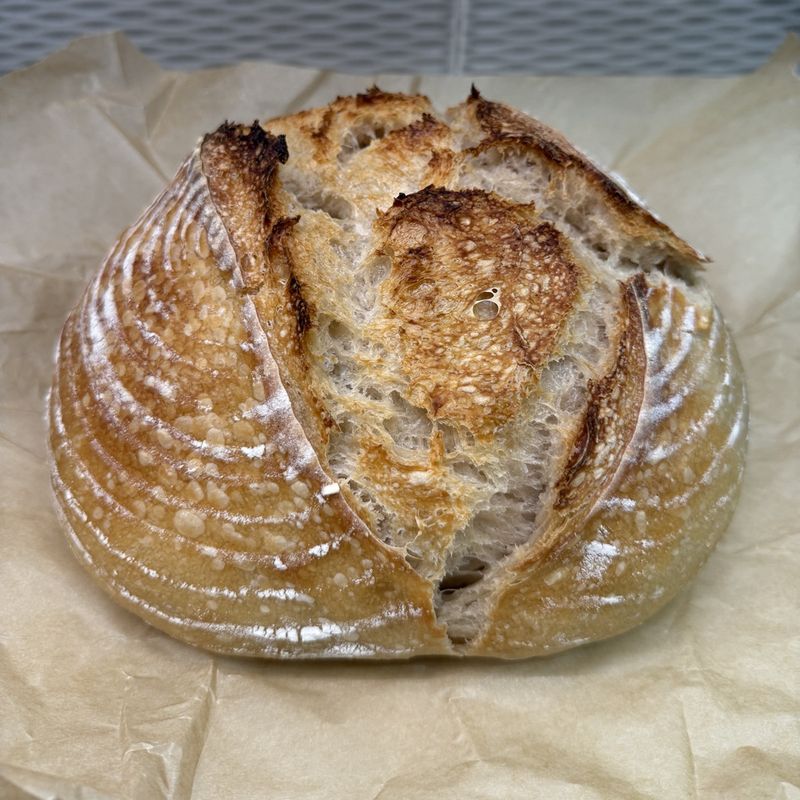 Crackly sourdough crust with a blistered ear